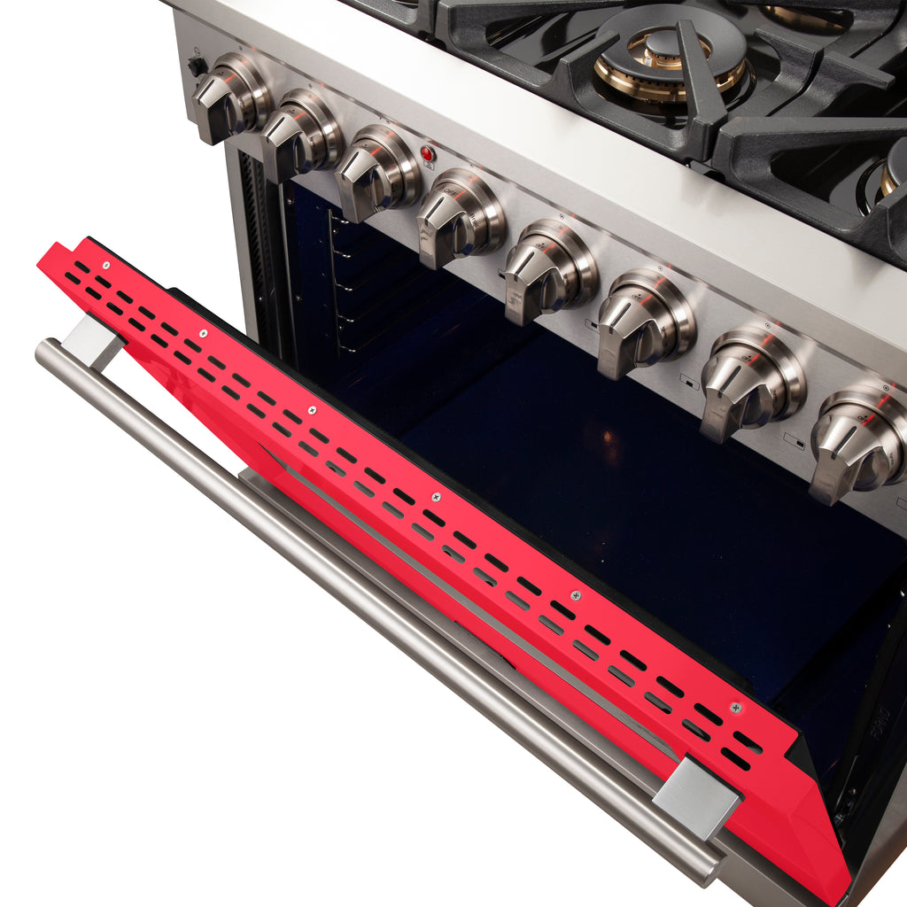 Forno Capriasca 36" Dual Fuel Range Stainless Steel with red door, 6 Brass Burners 120,000 BTU