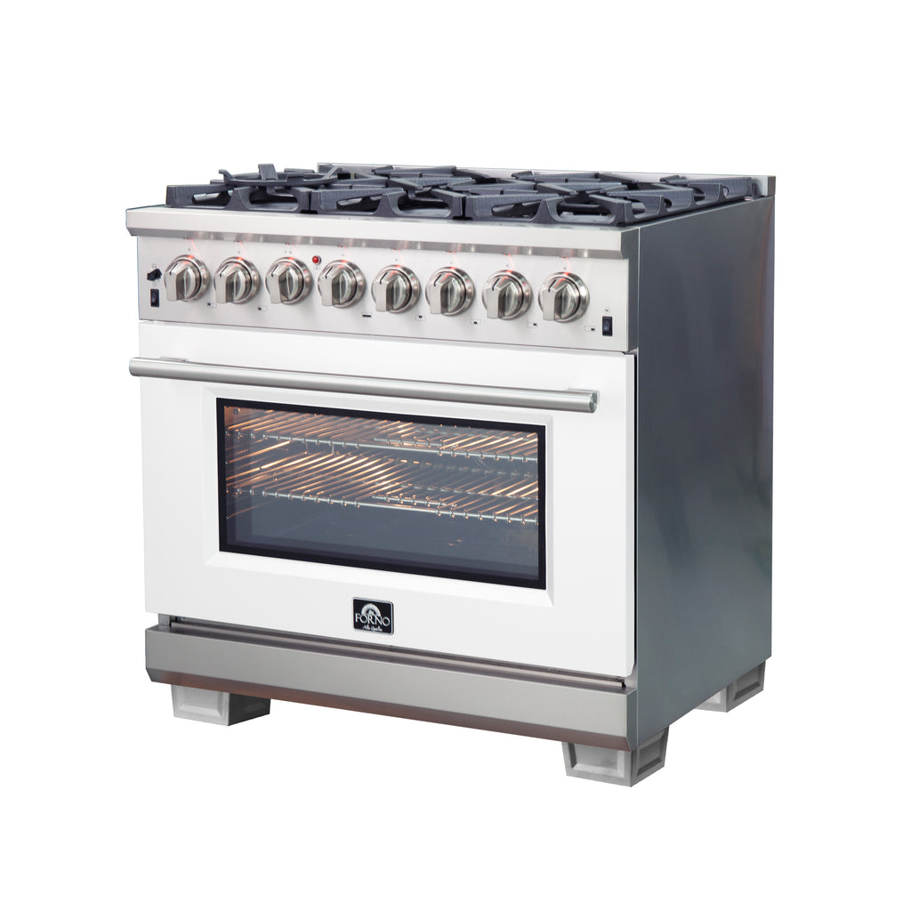 Forno Capriasca 36" Dual Fuel Range Stainless Steel with White door, 6 Brass Burners 120,000 BTU