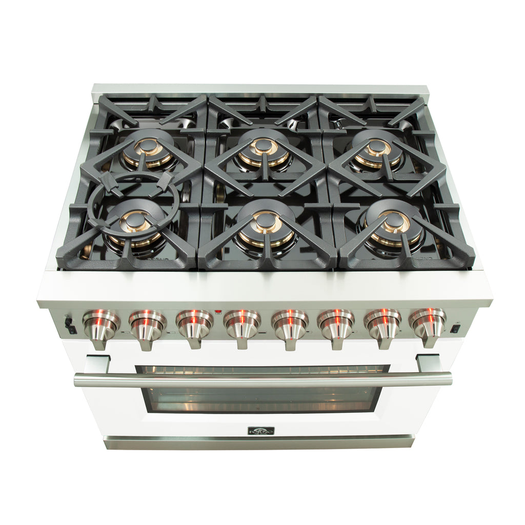 Forno Capriasca 36" Dual Fuel Range Stainless Steel with White door, 6 Brass Burners 120,000 BTU