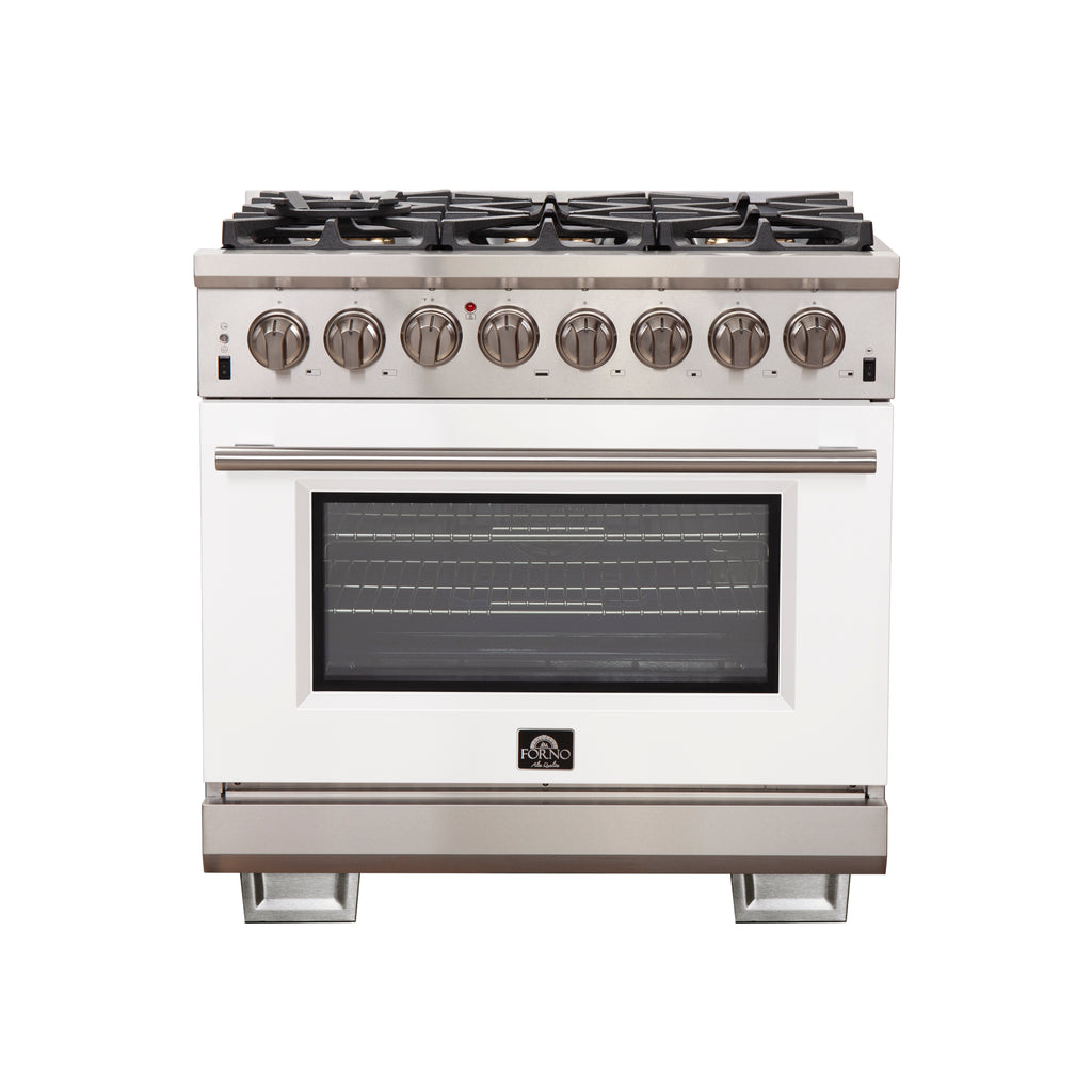 Forno Capriasca 36" Dual Fuel Range Stainless Steel with White door, 6 Brass Burners 120,000 BTU