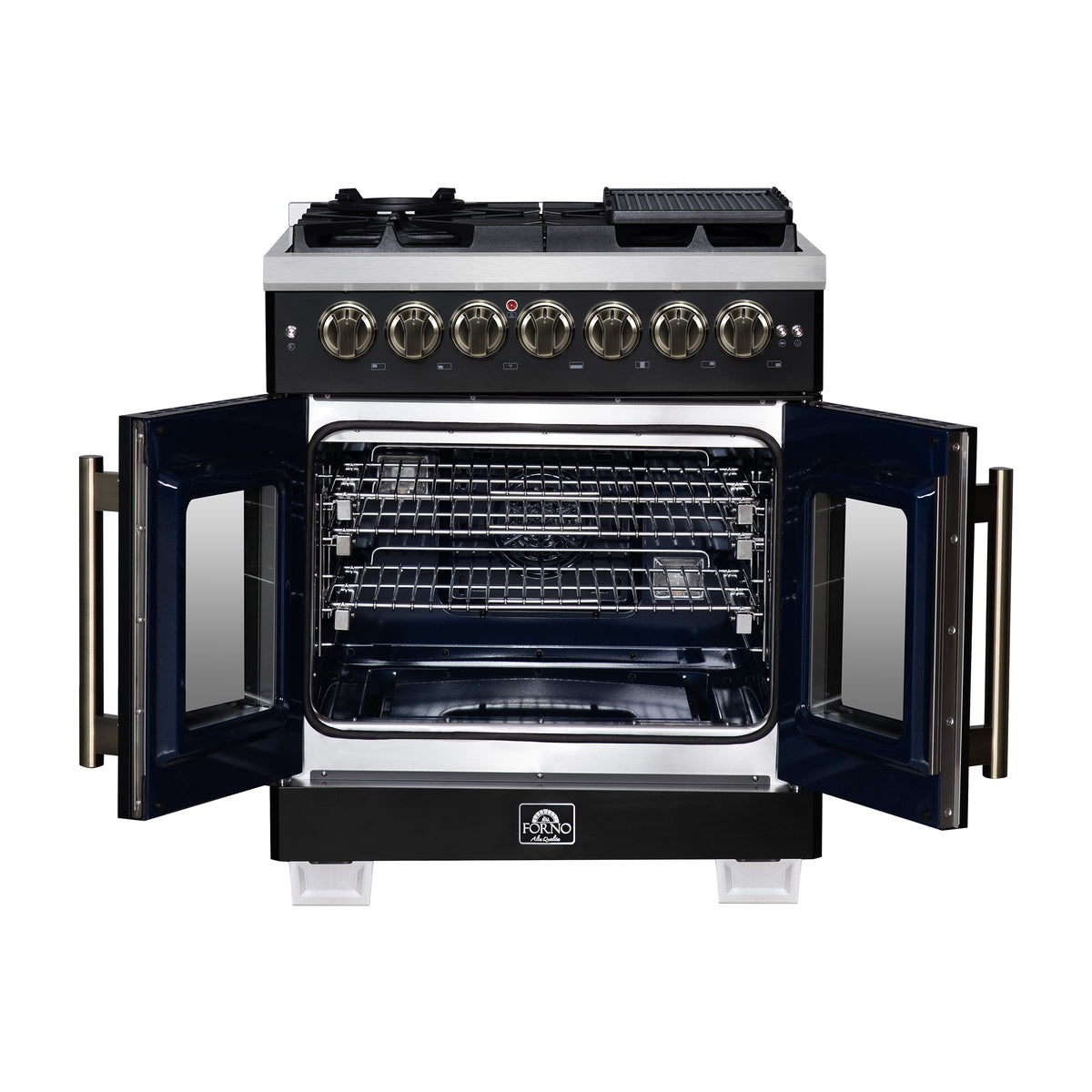 Forno Capriasca 30" French Door Dual Fuel Range in Black with Antique Brass Accessories