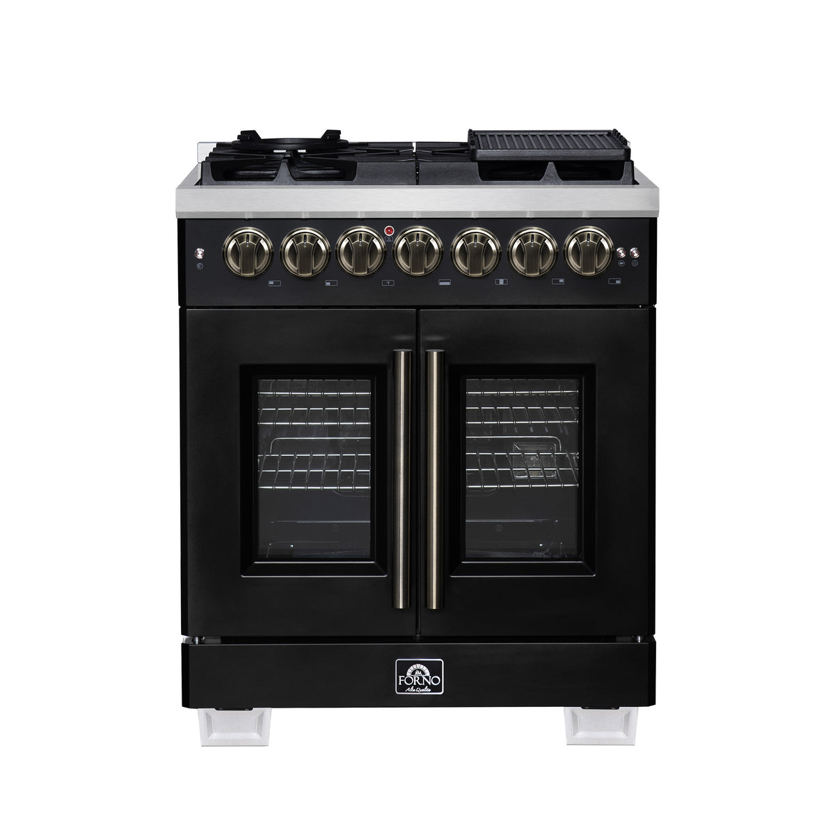 Forno Capriasca 30" French Door Dual Fuel Range in Black with Antique Brass Accessories