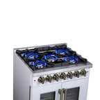 Forno Capriasca 30" French Door Dual Fuel Range in White with Antique Brass Accessories