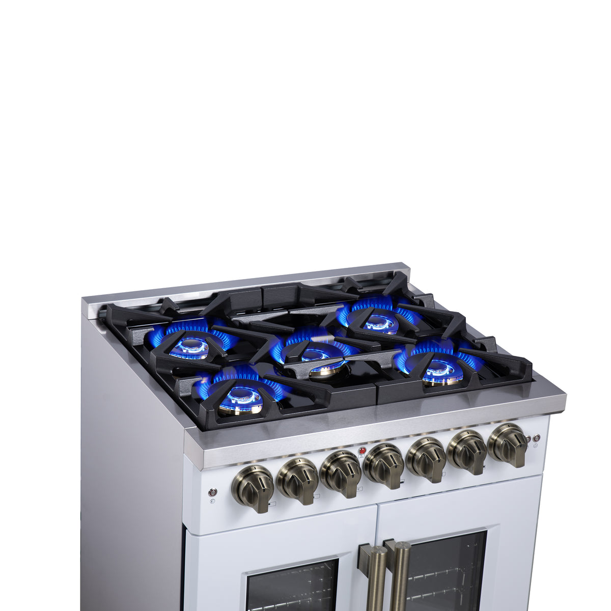 Forno Capriasca 30" French Door Dual Fuel Range in White with Antique Brass Accessories
