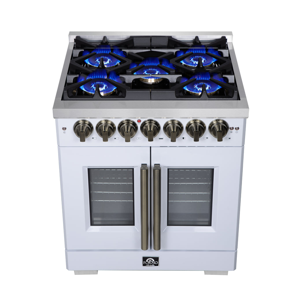 Forno Capriasca 30" French Door Dual Fuel Range in White with Antique Brass Accessories