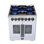 Forno Capriasca 30" French Door Dual Fuel Range in White with Antique Brass Accessories