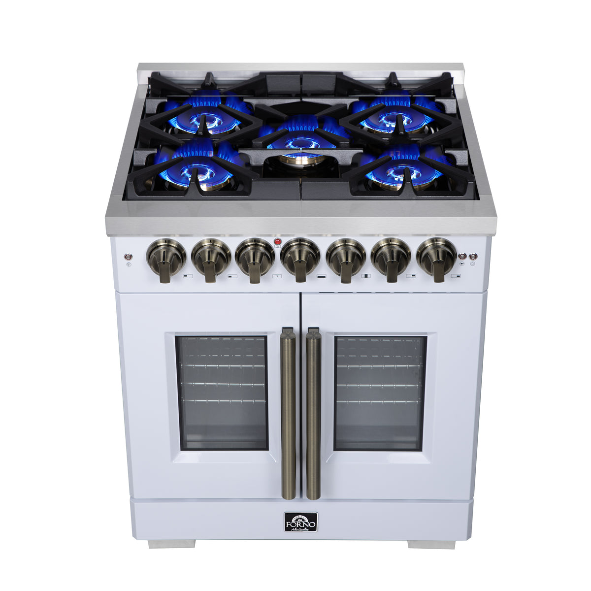 Forno Capriasca 30" French Door Dual Fuel Range in White with Antique Brass Accessories