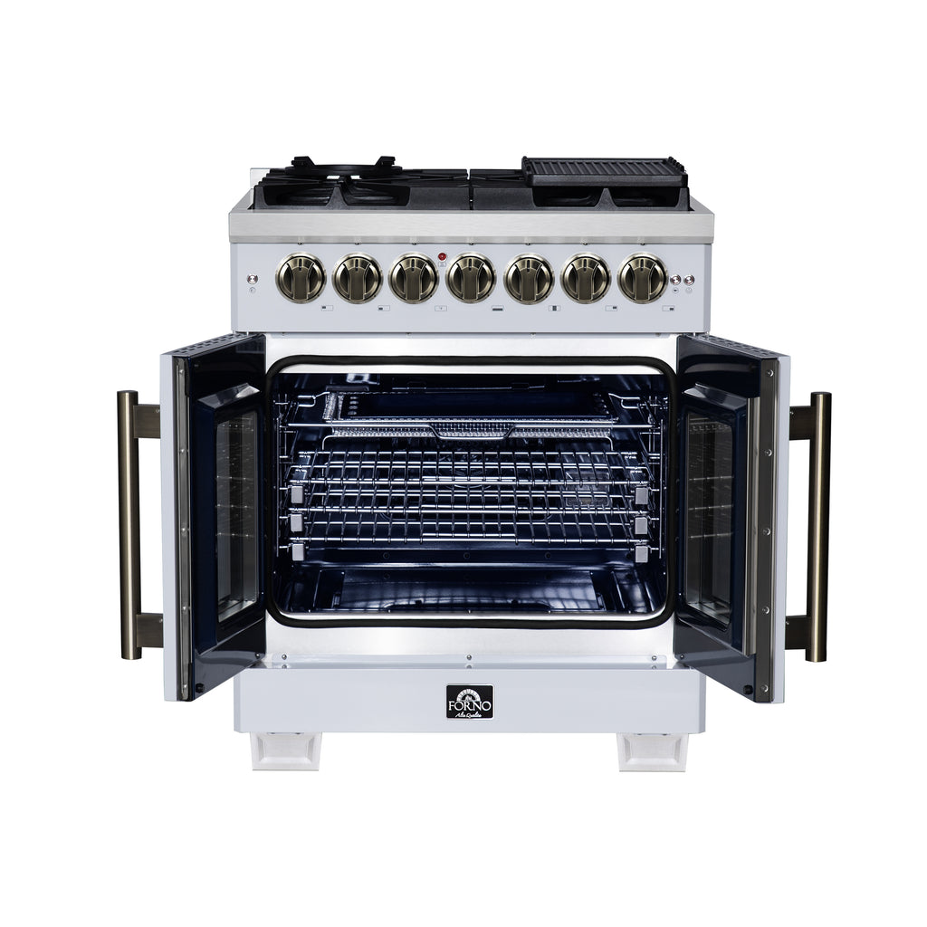 Forno Capriasca 30" French Door Dual Fuel Range in White with Antique Brass Accessories