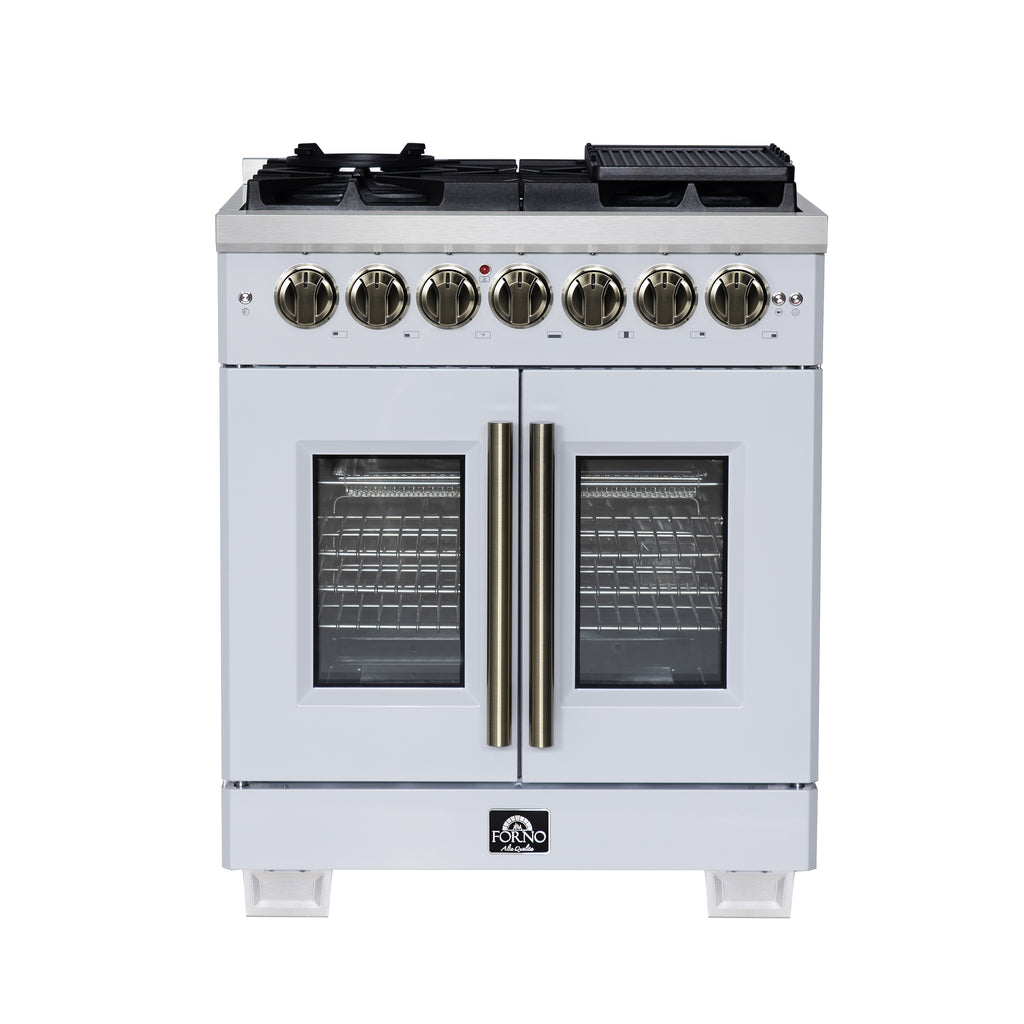 Forno Capriasca 30" French Door Dual Fuel Range in White with Antique Brass Accessories