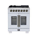 Forno Capriasca 30" French Door Dual Fuel Range in White with Antique Brass Accessories