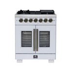 Forno Capriasca 30" French Door Dual Fuel Range in White with Antique Brass Accessories
