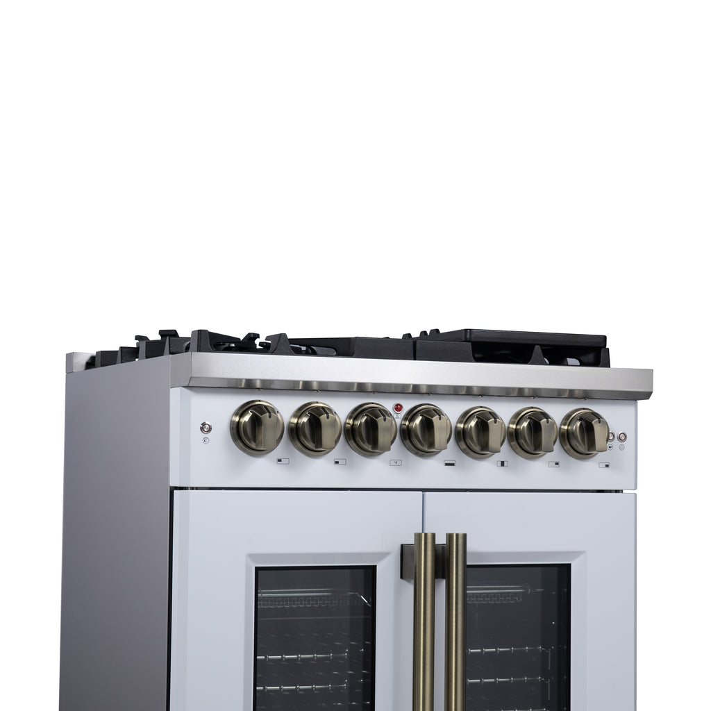 Forno Capriasca 30" French Door Dual Fuel Range in White with Antique Brass Accessories
