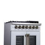 Forno Capriasca 30" French Door Dual Fuel Range in White with Antique Brass Accessories