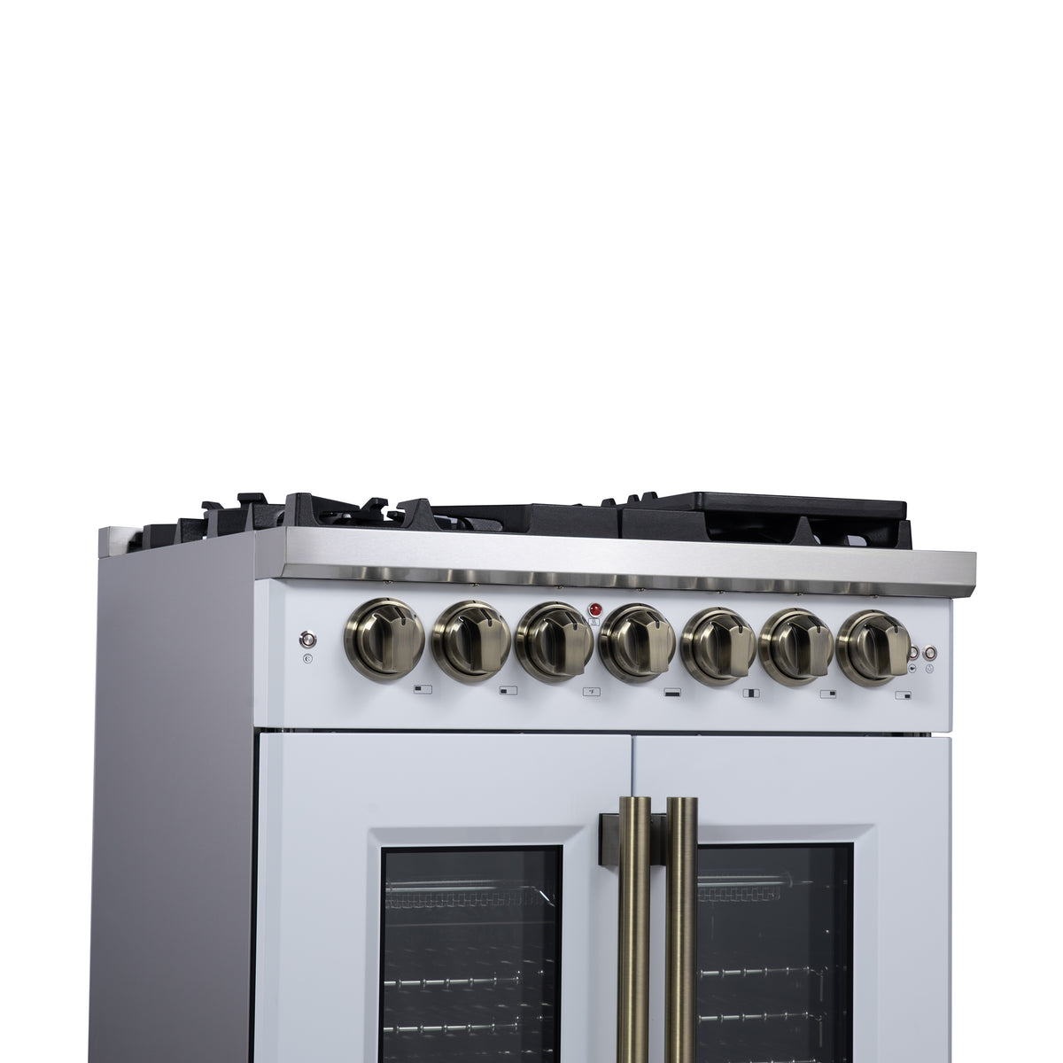 Forno Capriasca 30" French Door Dual Fuel Range in White with Antique Brass Accessories