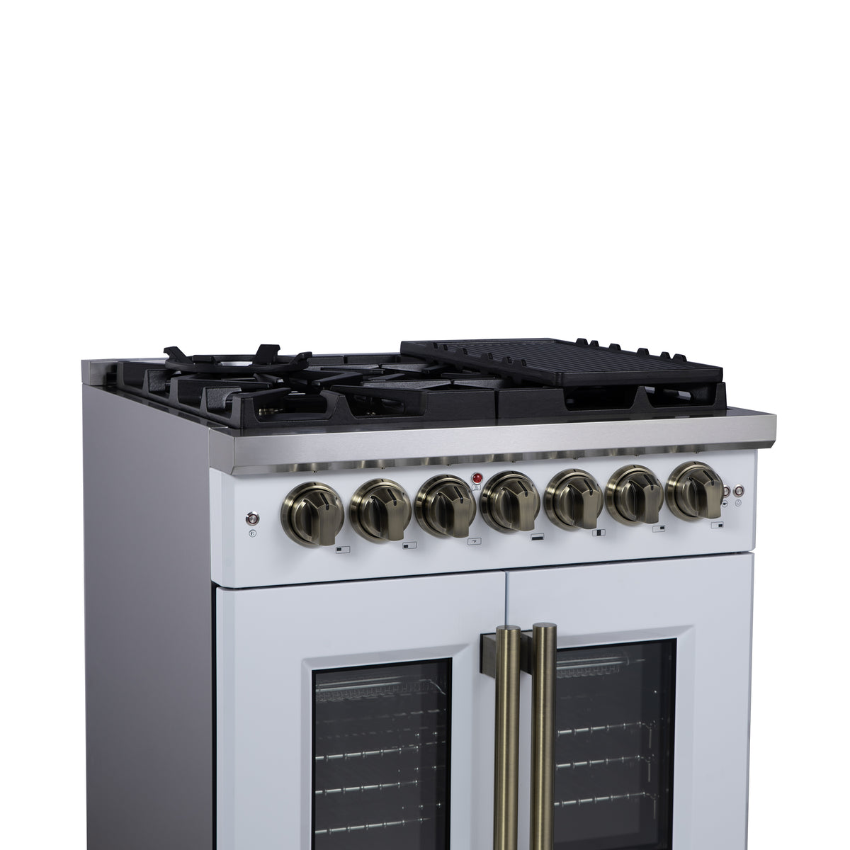 Forno Capriasca 30" French Door Dual Fuel Range in White with Antique Brass Accessories
