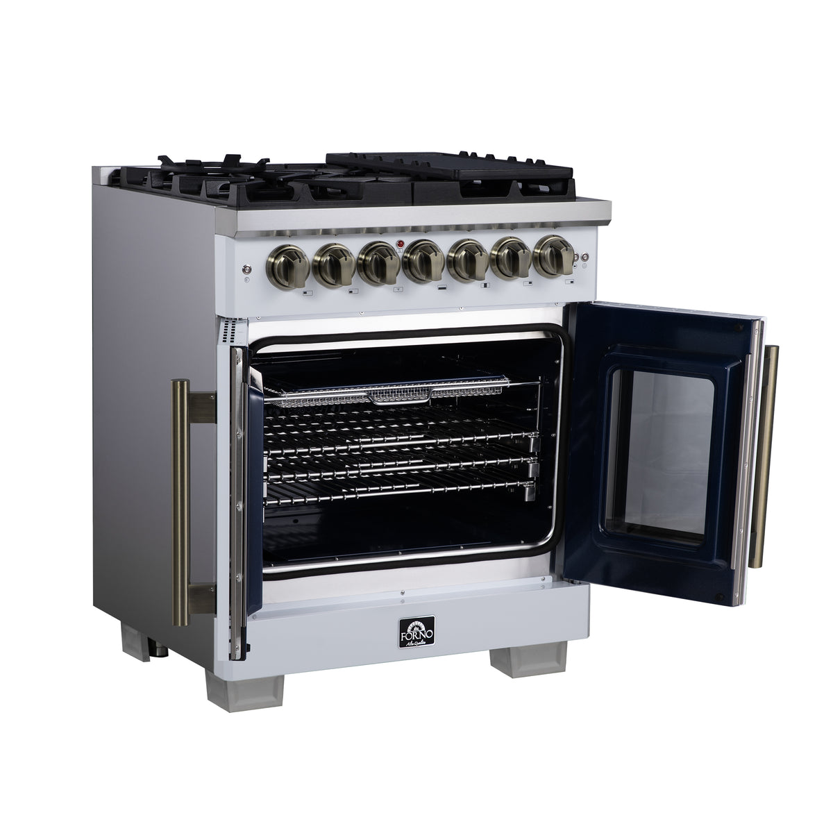Forno Capriasca 30" French Door Dual Fuel Range in White with Antique Brass Accessories