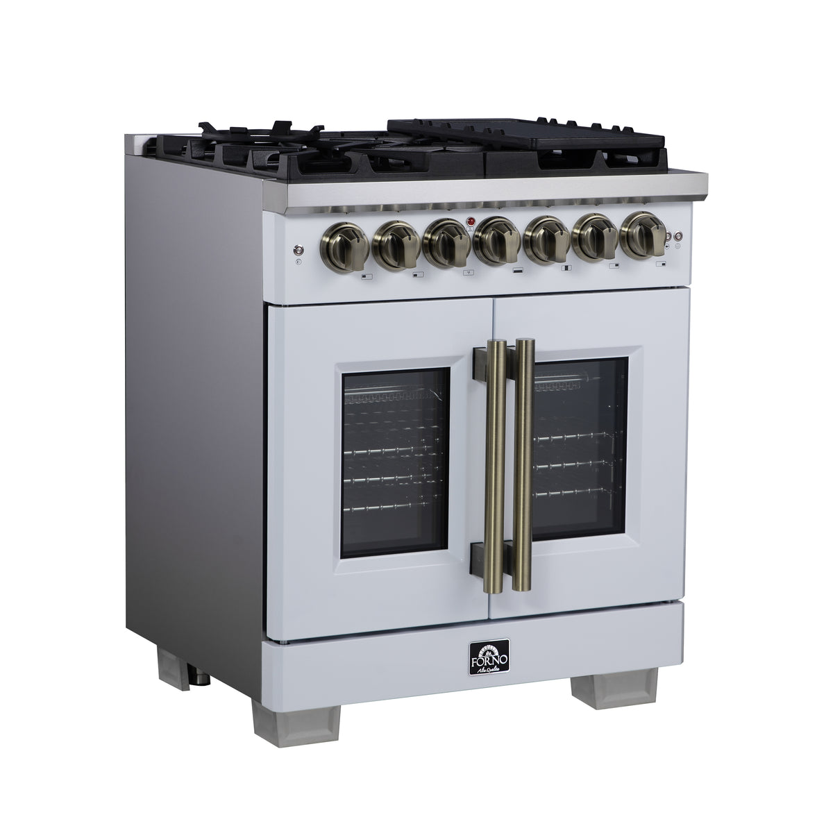 Forno Capriasca 30" French Door Dual Fuel Range in White with Antique Brass Accessories
