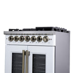 Forno Capriasca 30" French Door Dual Fuel Range in White with Antique Brass Accessories