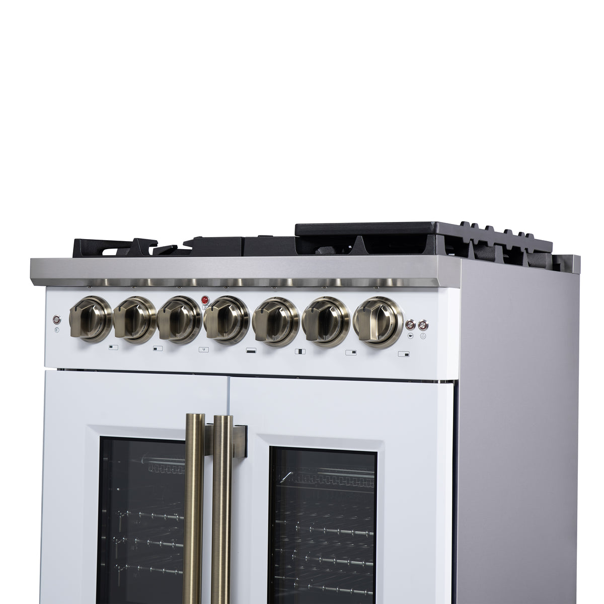 Forno Capriasca 30" French Door Dual Fuel Range in White with Antique Brass Accessories