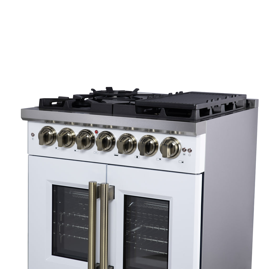 Forno Capriasca 30" French Door Dual Fuel Range in White with Antique Brass Accessories