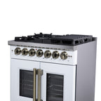 Forno Capriasca 30" French Door Dual Fuel Range in White with Antique Brass Accessories