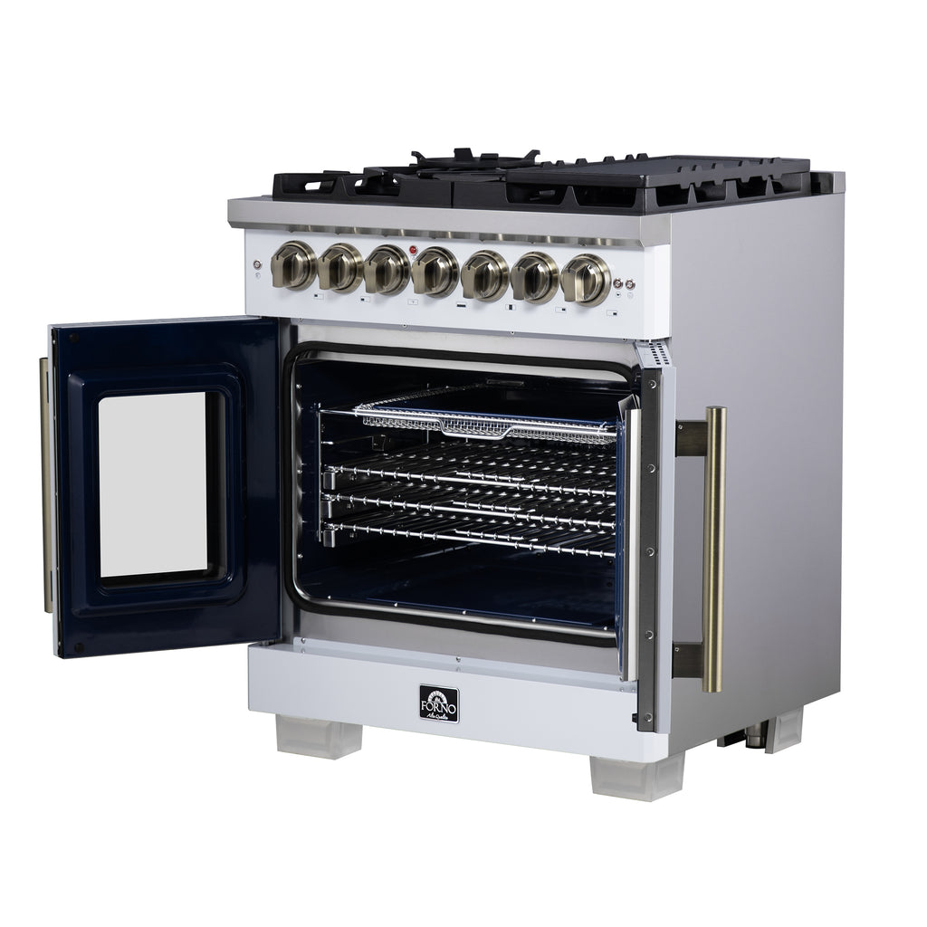 Forno Capriasca 30" French Door Dual Fuel Range in White with Antique Brass Accessories