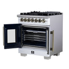 Forno Capriasca 30" French Door Dual Fuel Range in White with Antique Brass Accessories