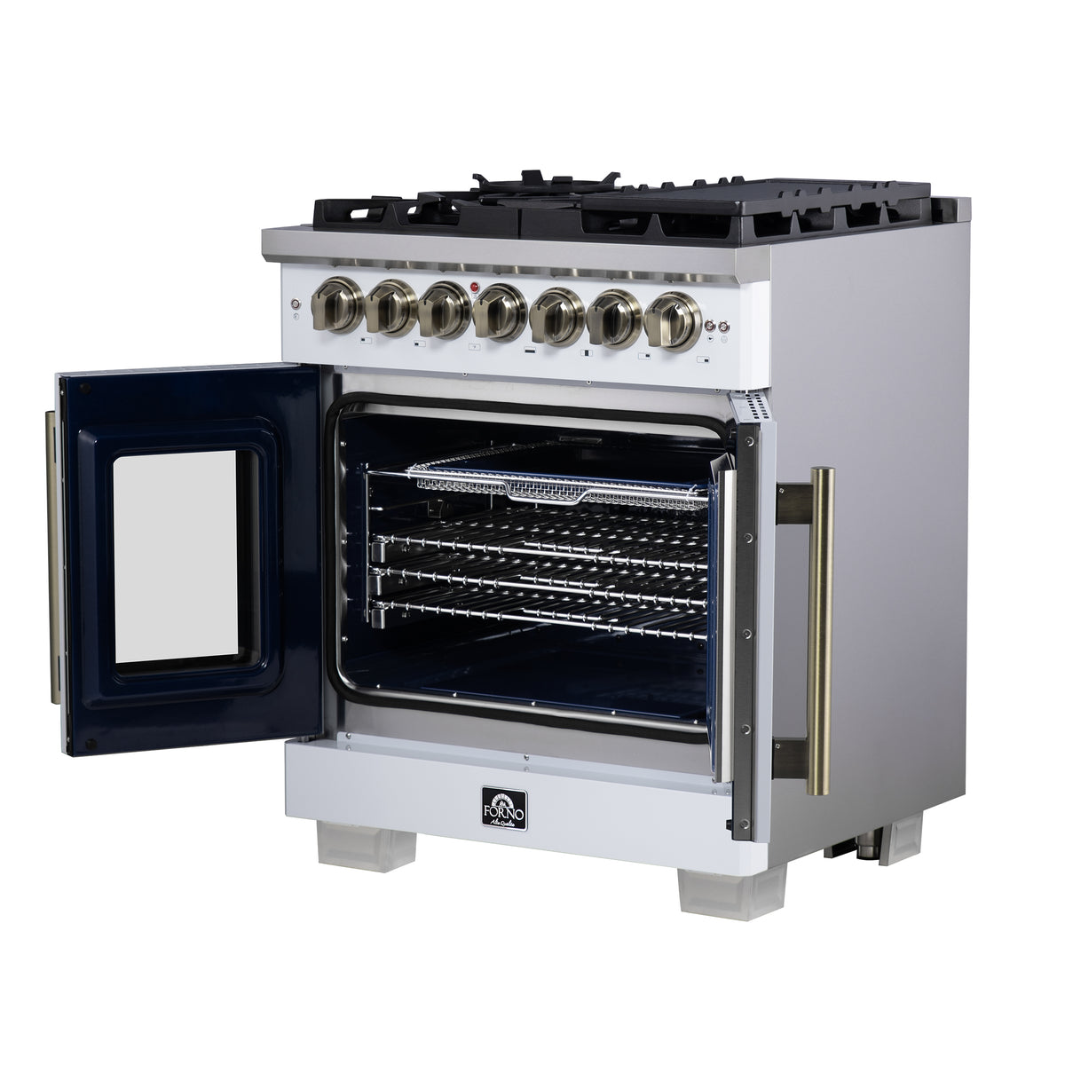 Forno Capriasca 30" French Door Dual Fuel Range in White with Antique Brass Accessories