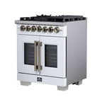 Forno Capriasca 30" French Door Dual Fuel Range in White with Antique Brass Accessories