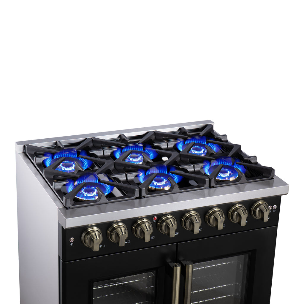 Forno Capriasca 36" French Door Dual Fuel Range in Black with Antique Brass Accessories