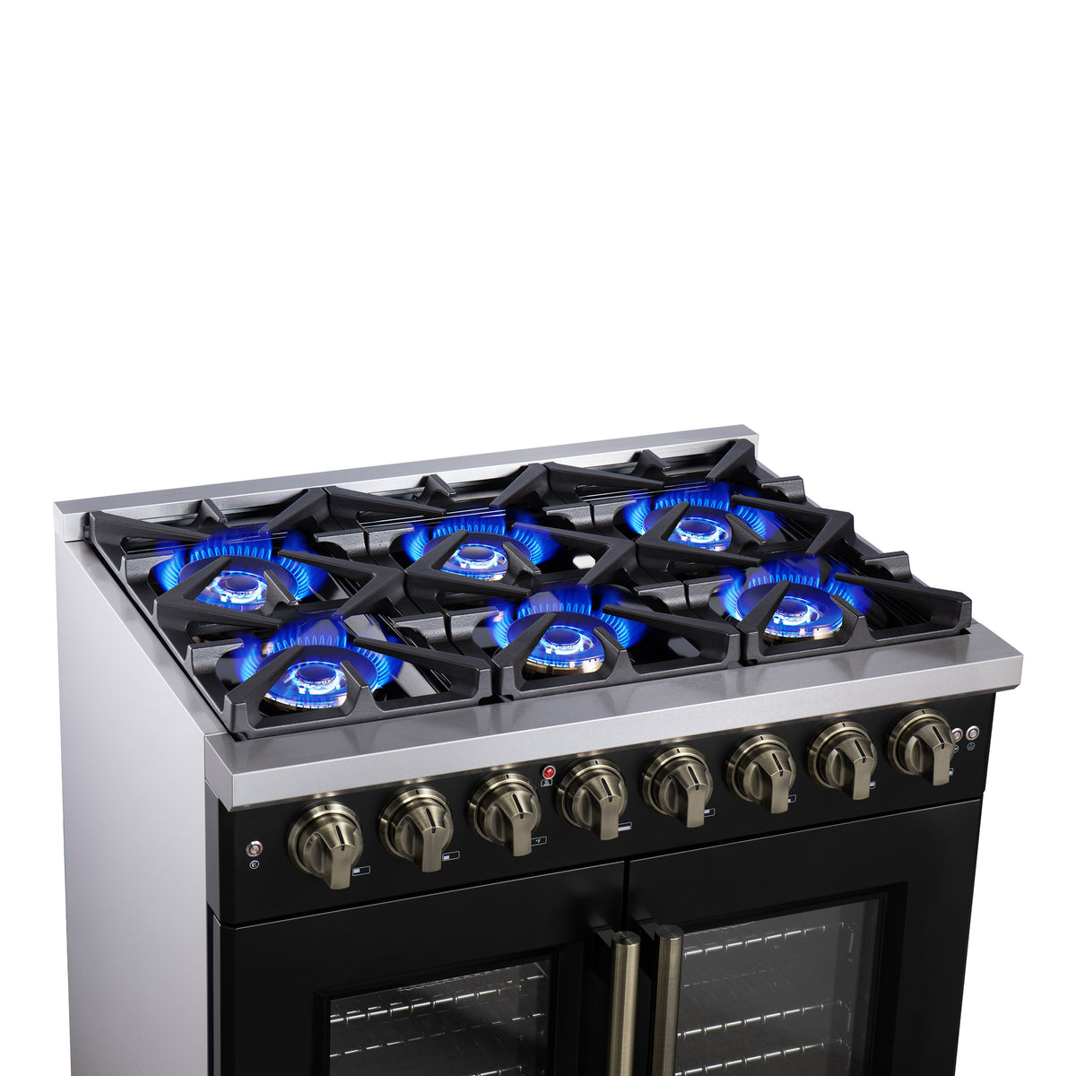 Forno Capriasca 36" French Door Dual Fuel Range in Black with Antique Brass Accessories