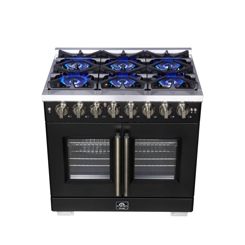 Forno Capriasca 36" French Door Dual Fuel Range in Black with Antique Brass Accessories