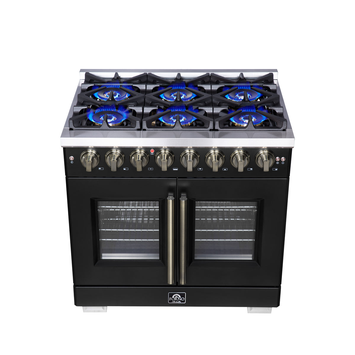 Forno Capriasca 36" French Door Dual Fuel Range in Black with Antique Brass Accessories