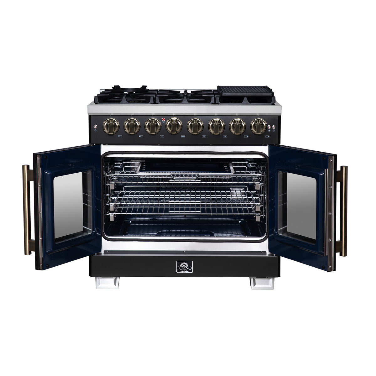 Forno Capriasca 36" French Door Dual Fuel Range in Black with Antique Brass Accessories