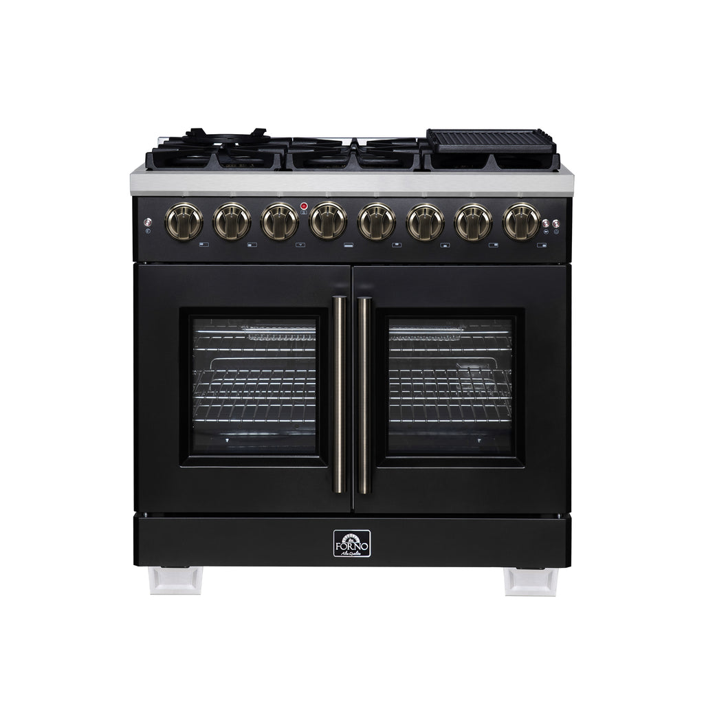 Forno Capriasca 36" French Door Dual Fuel Range in Black with Antique Brass Accessories