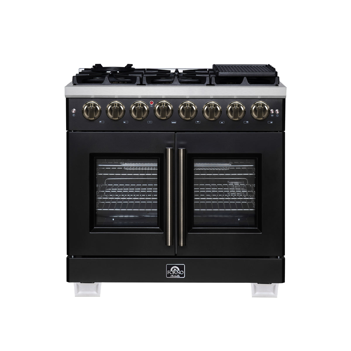 Forno Capriasca 36" French Door Dual Fuel Range in Black with Antique Brass Accessories