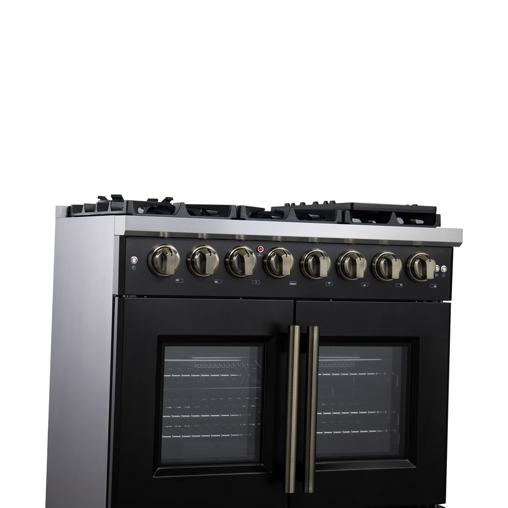 Forno Capriasca 36" French Door Dual Fuel Range in Black with Antique Brass Accessories