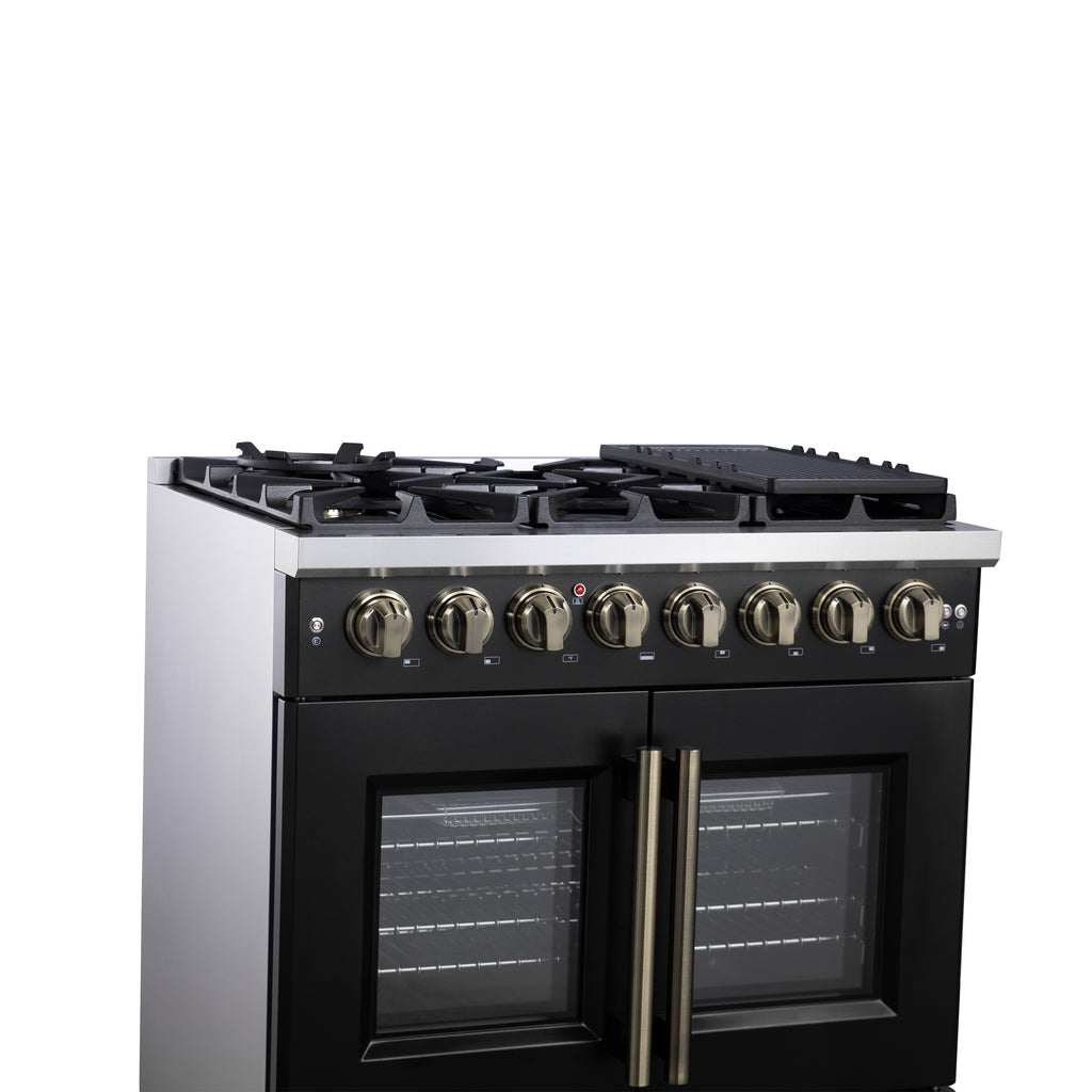 Forno Capriasca 36" French Door Dual Fuel Range in Black with Antique Brass Accessories