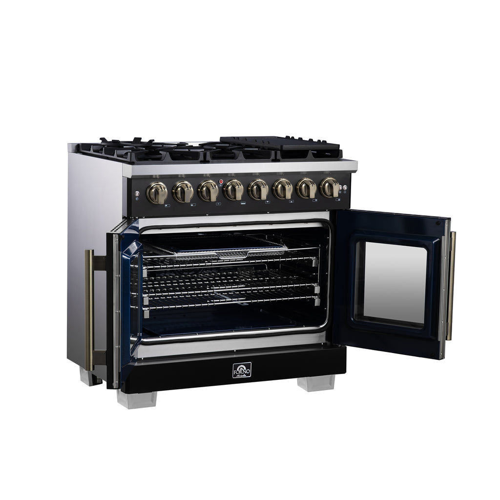 Forno Capriasca 36" French Door Dual Fuel Range in Black with Antique Brass Accessories