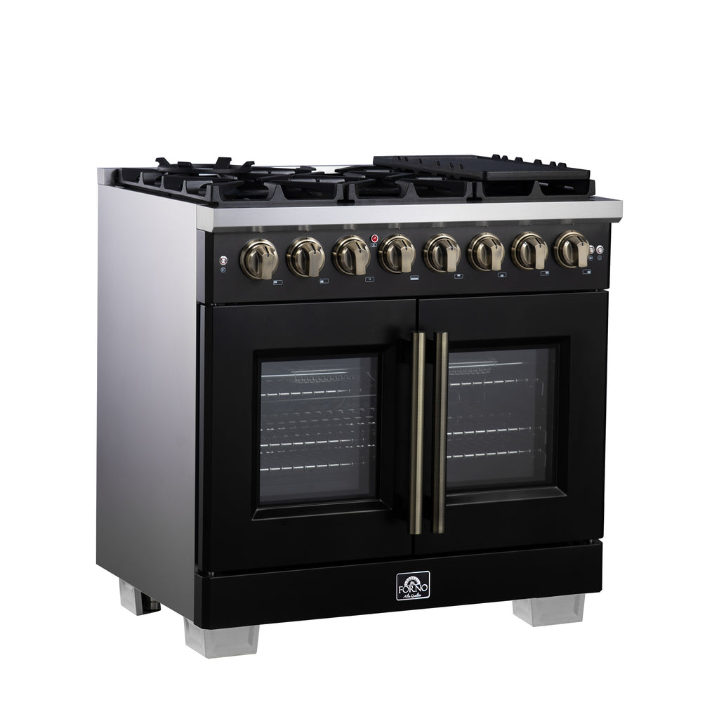 Forno Capriasca 36" French Door Dual Fuel Range in Black with Antique Brass Accessories