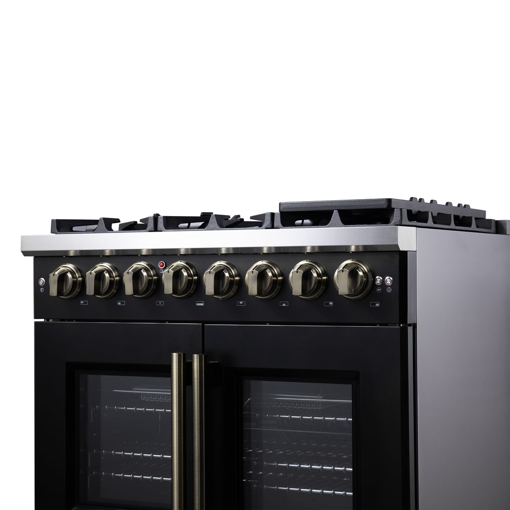 Forno Capriasca 36" French Door Dual Fuel Range in Black with Antique Brass Accessories