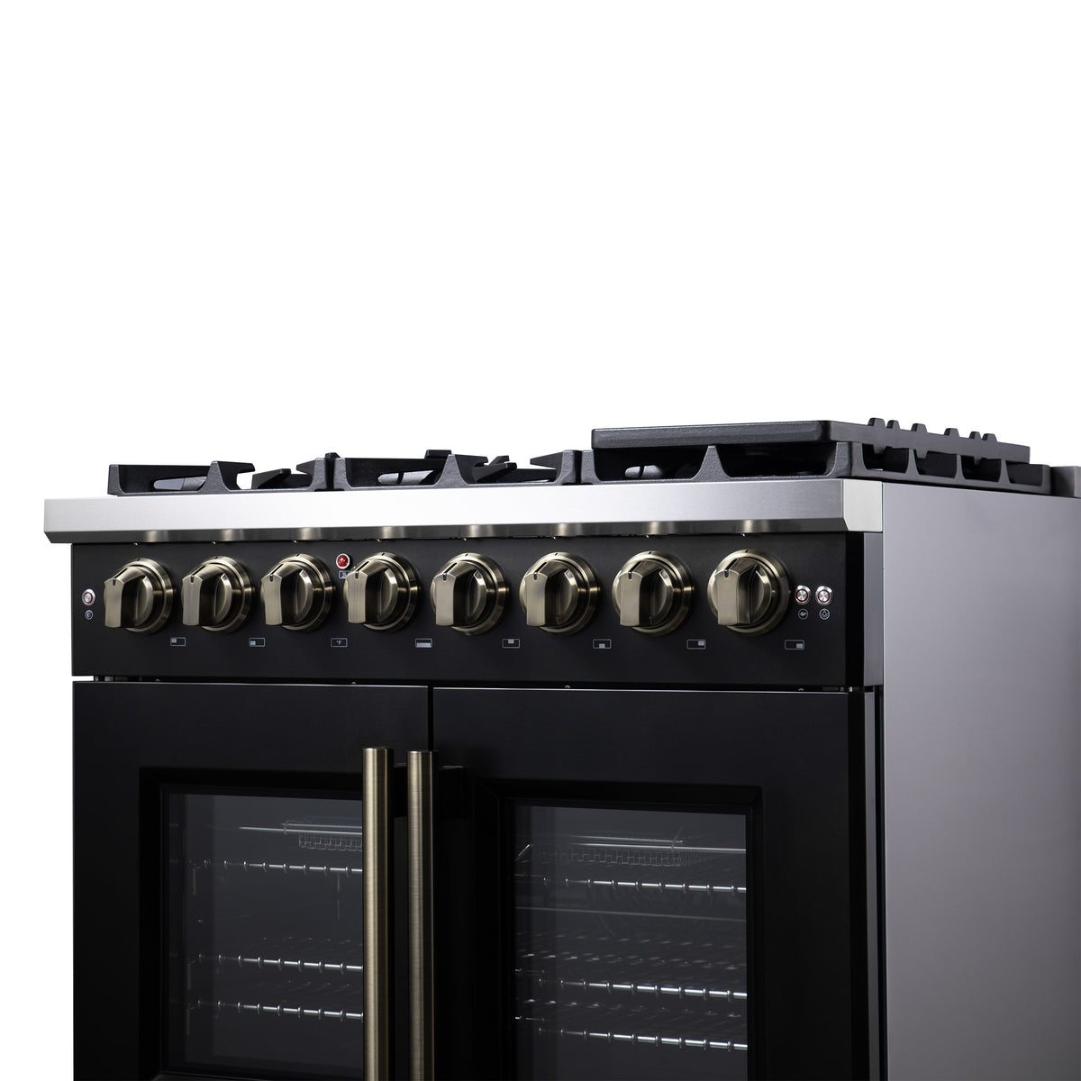 Forno Capriasca 36" French Door Dual Fuel Range in Black with Antique Brass Accessories