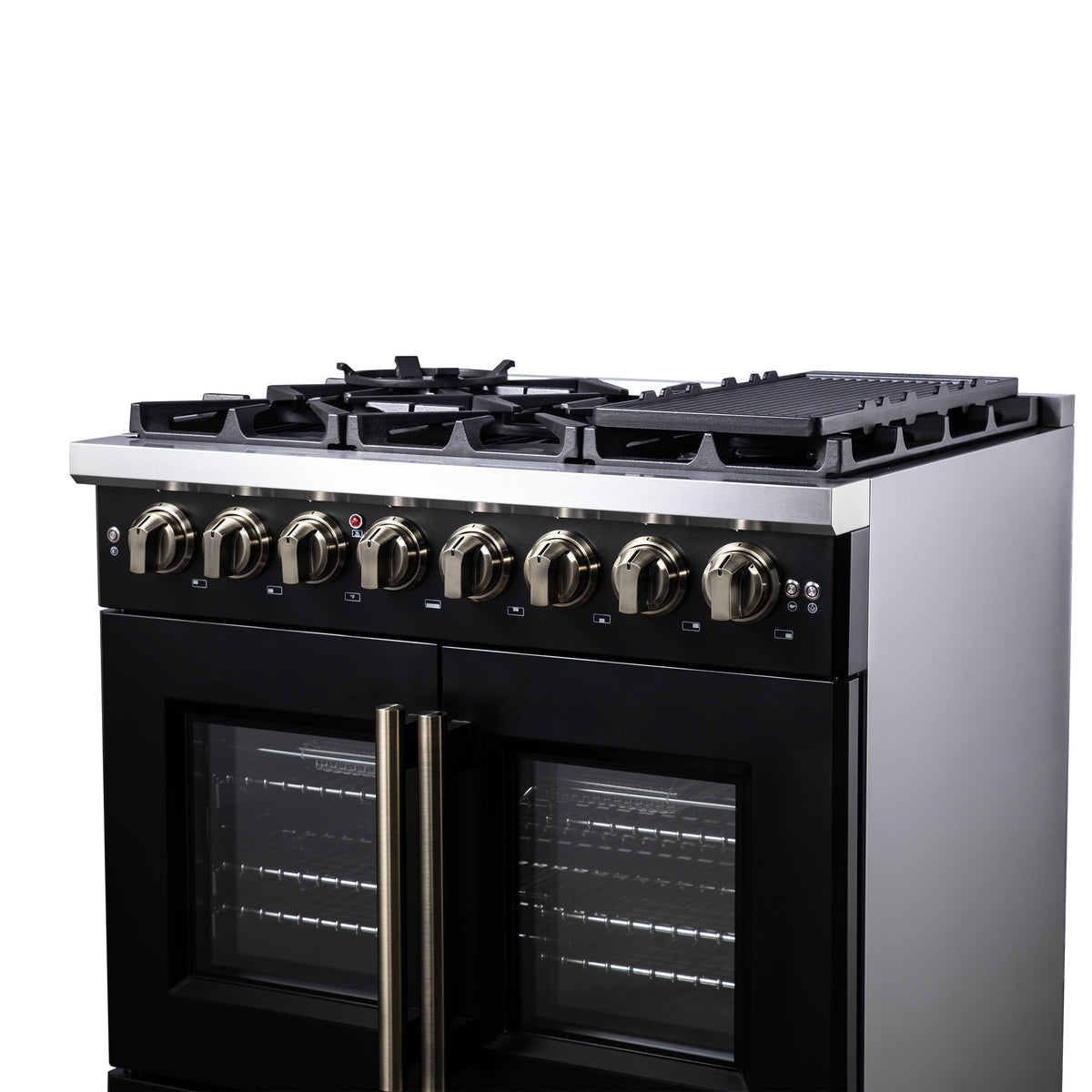 Forno Capriasca 36" French Door Dual Fuel Range in Black with Antique Brass Accessories