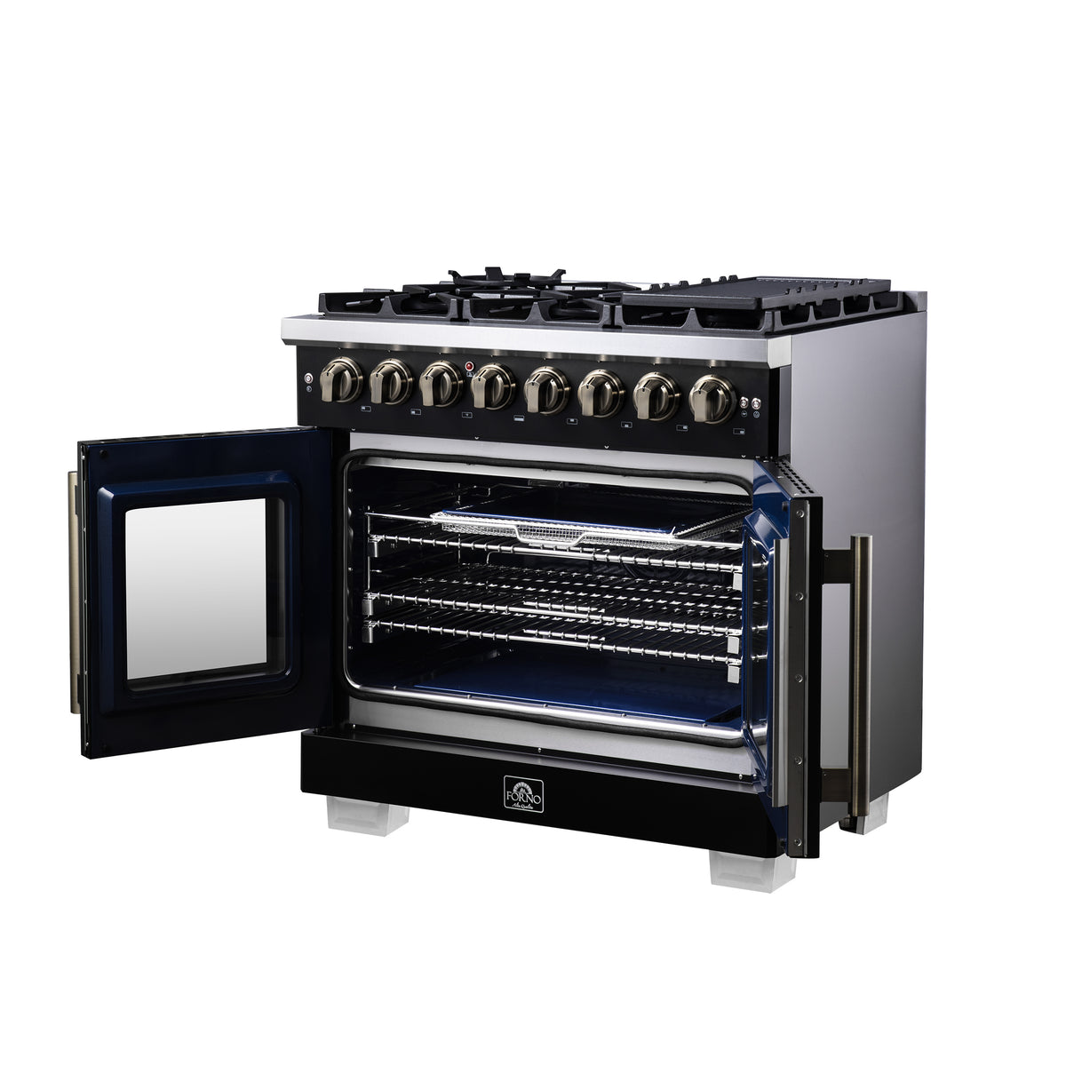Forno Capriasca 36" French Door Dual Fuel Range in Black with Antique Brass Accessories