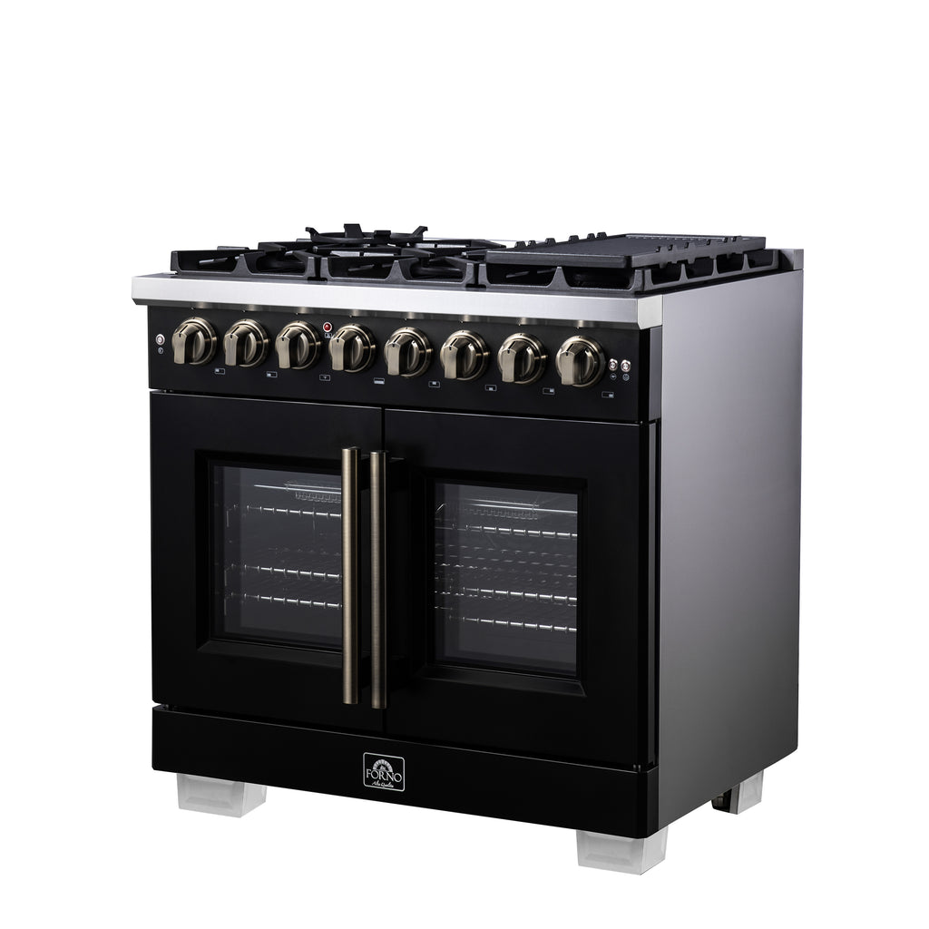 Forno Capriasca 36" French Door Dual Fuel Range in Black with Antique Brass Accessories