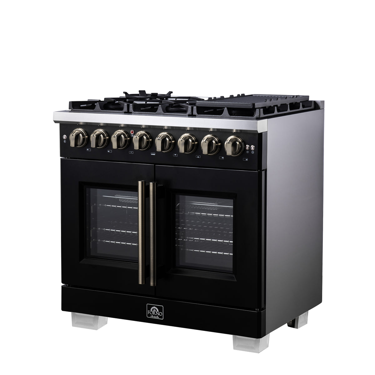 Forno Capriasca 36" French Door Dual Fuel Range in Black with Antique Brass Accessories