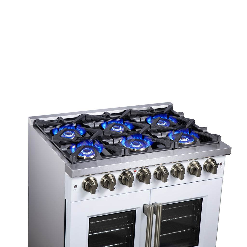 Forno Capriasca 36" French Door Dual Fuel Range in White with Antique Brass Accessories