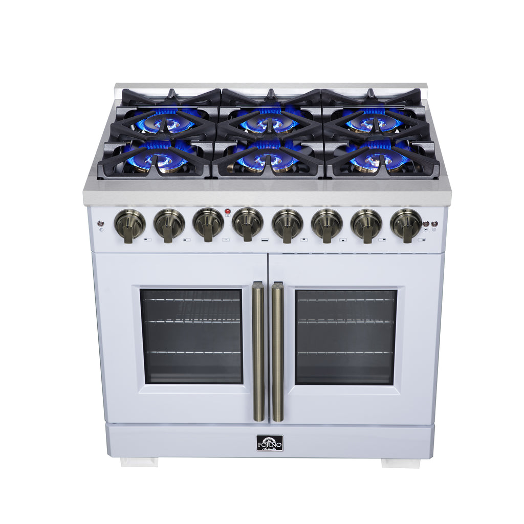 Forno Capriasca 36" French Door Dual Fuel Range in White with Antique Brass Accessories
