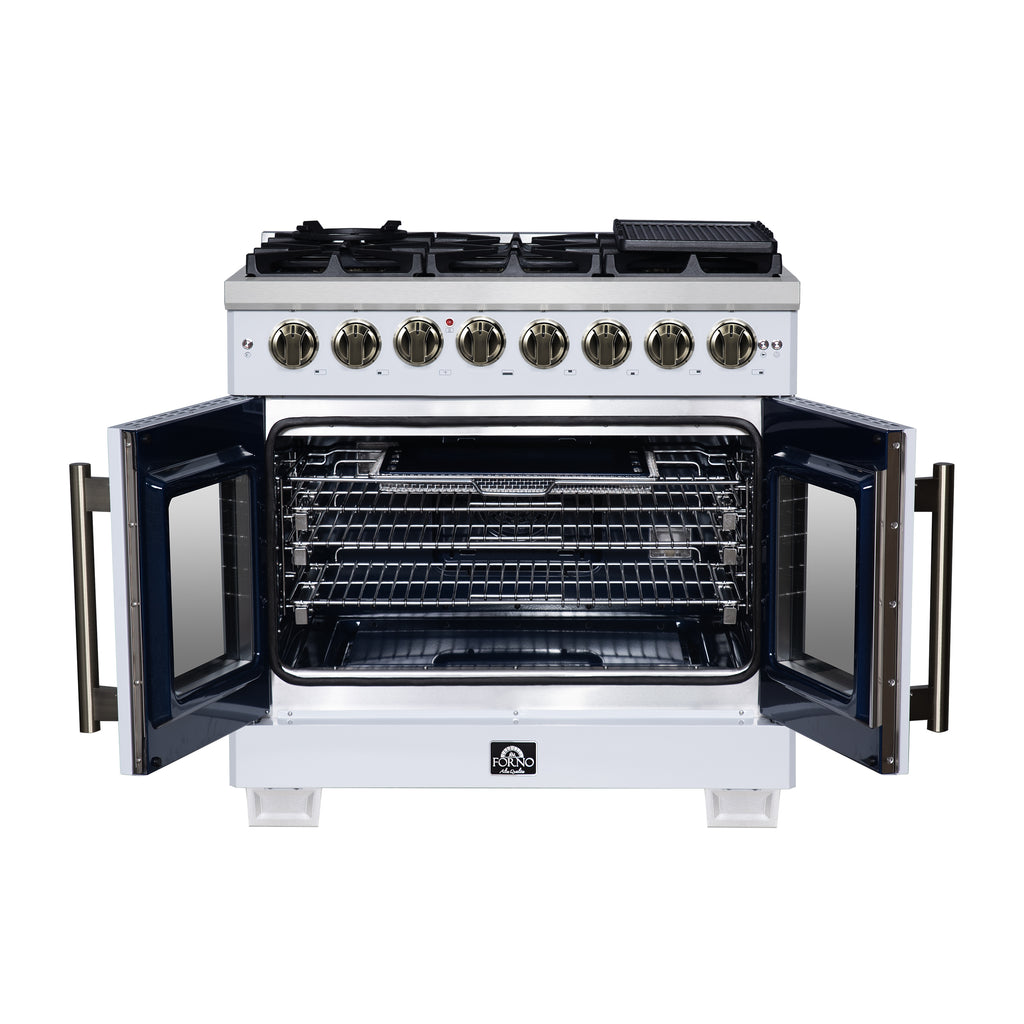 Forno Capriasca 36" French Door Dual Fuel Range in White with Antique Brass Accessories