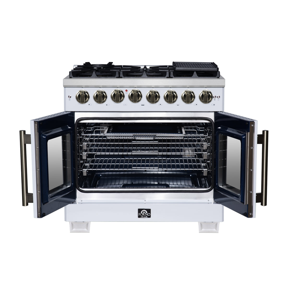 Forno Capriasca 36" French Door Dual Fuel Range in White with Antique Brass Accessories